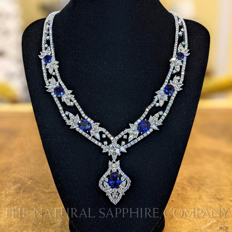 28.80 Ct. Blue Sapphire and Natural Diamond Antique Style Necklace, 18K White Gold