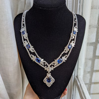 28.80 Ct. Blue Sapphire and Natural Diamond Antique Style Necklace, 18K White Gold Image
