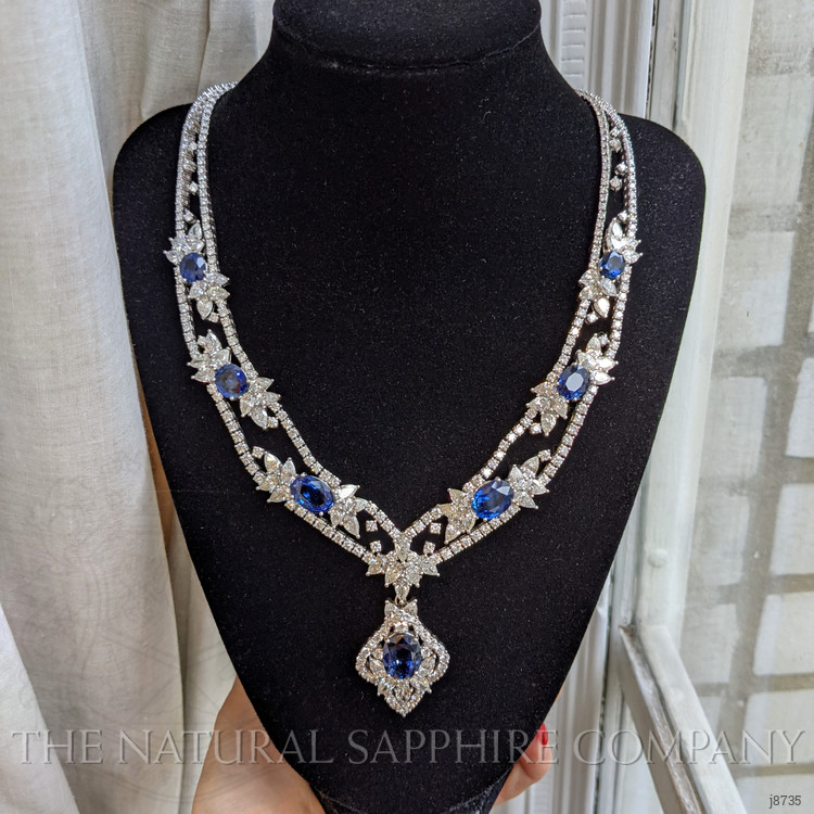 28.80 Ct. Blue Sapphire and Natural Diamond Antique Style Necklace, 18K White Gold