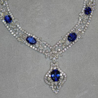 28.80 Ct. Blue Sapphire and Natural Diamond Antique Style Necklace, 18K White Gold Image