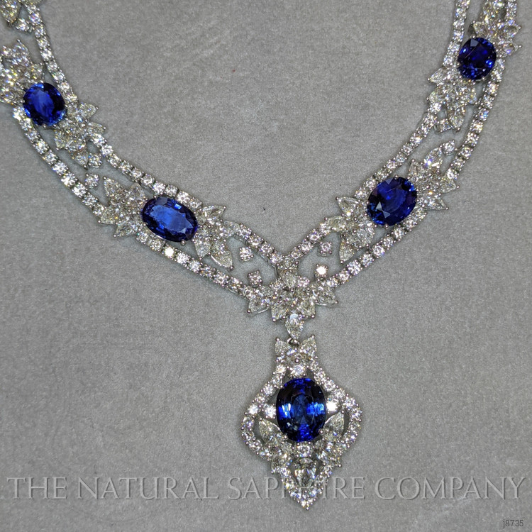 28.80 Ct. Blue Sapphire and Natural Diamond Antique Style Necklace, 18K White Gold