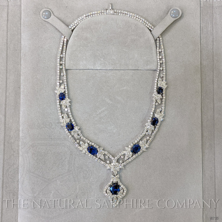 28.80 Ct. Blue Sapphire and Natural Diamond Antique Style Necklace, 18K White Gold