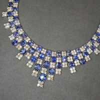 89.60 Ct. Sapphire Natural Diamond Antique Style Necklace, 18K White Gold Image