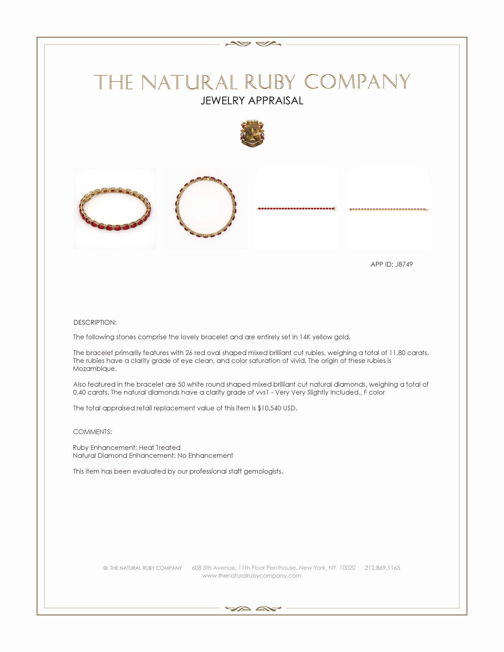 11.80 Ct.Tw. Ruby and Natural Diamond Tennis/Line Bracelet, 14K Yellow Gold