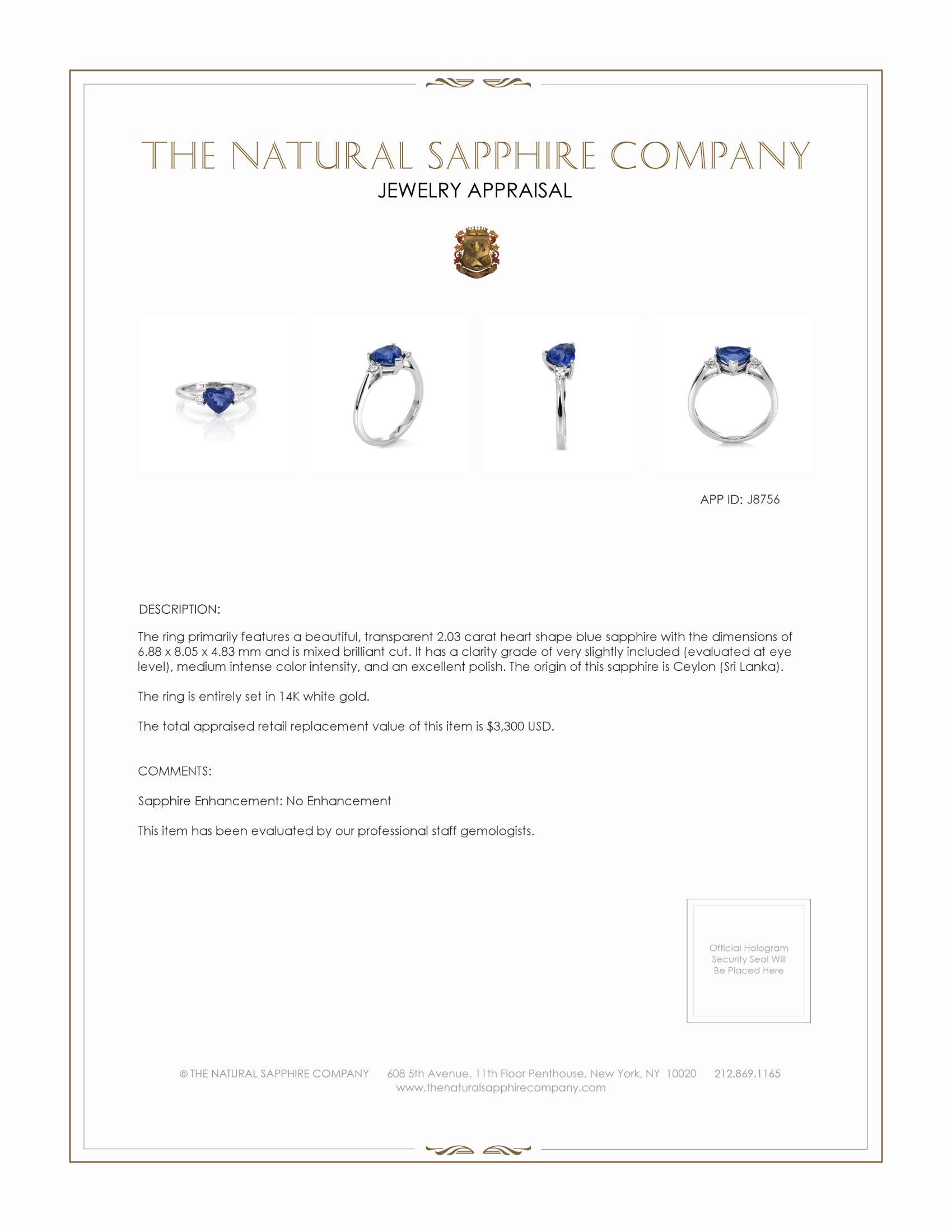 2.03 Ct. Blue Sapphire Three Stone Ring, 14K White Gold