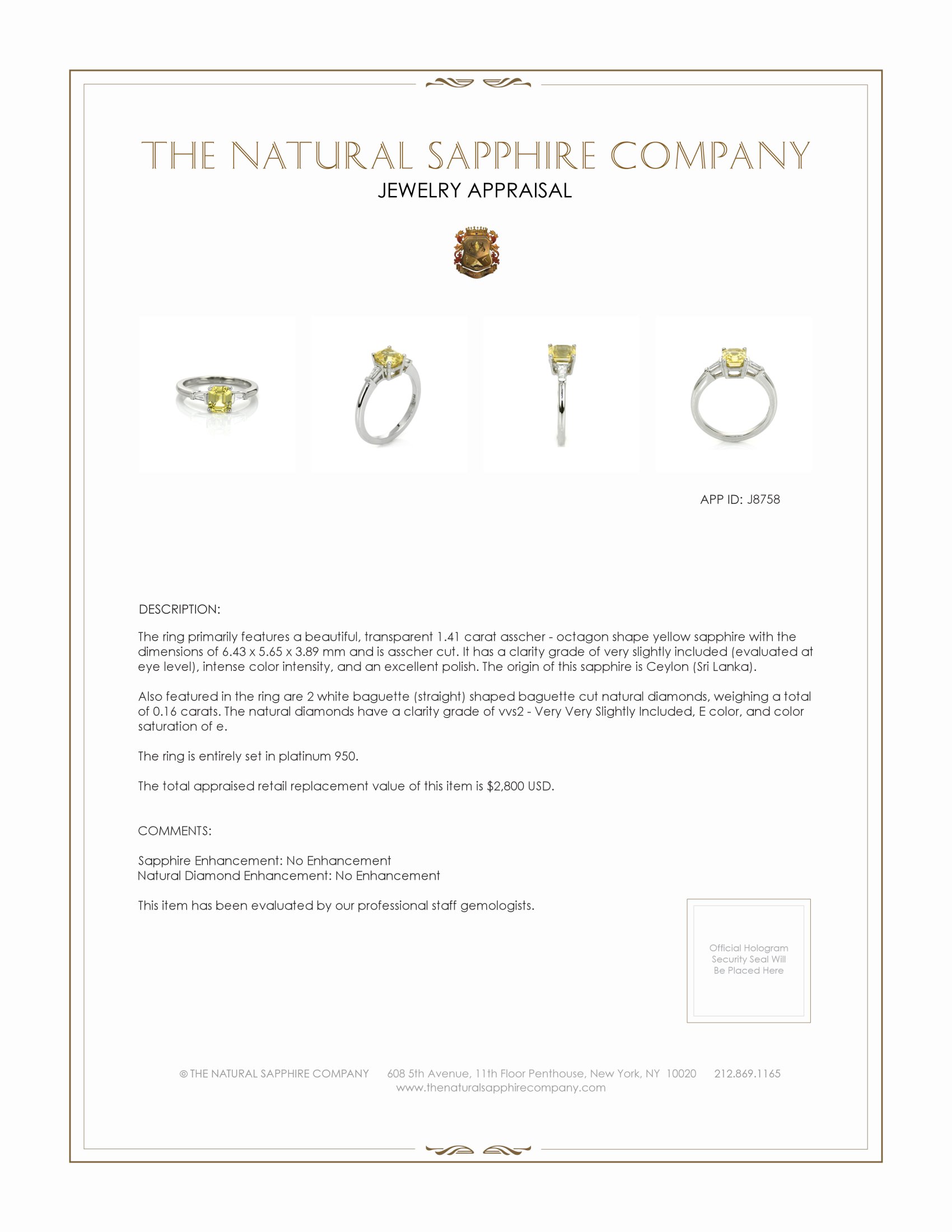 1.41 Ct. Yellow Sapphire and Natural Diamond Three Stone Ring, Platinum 950