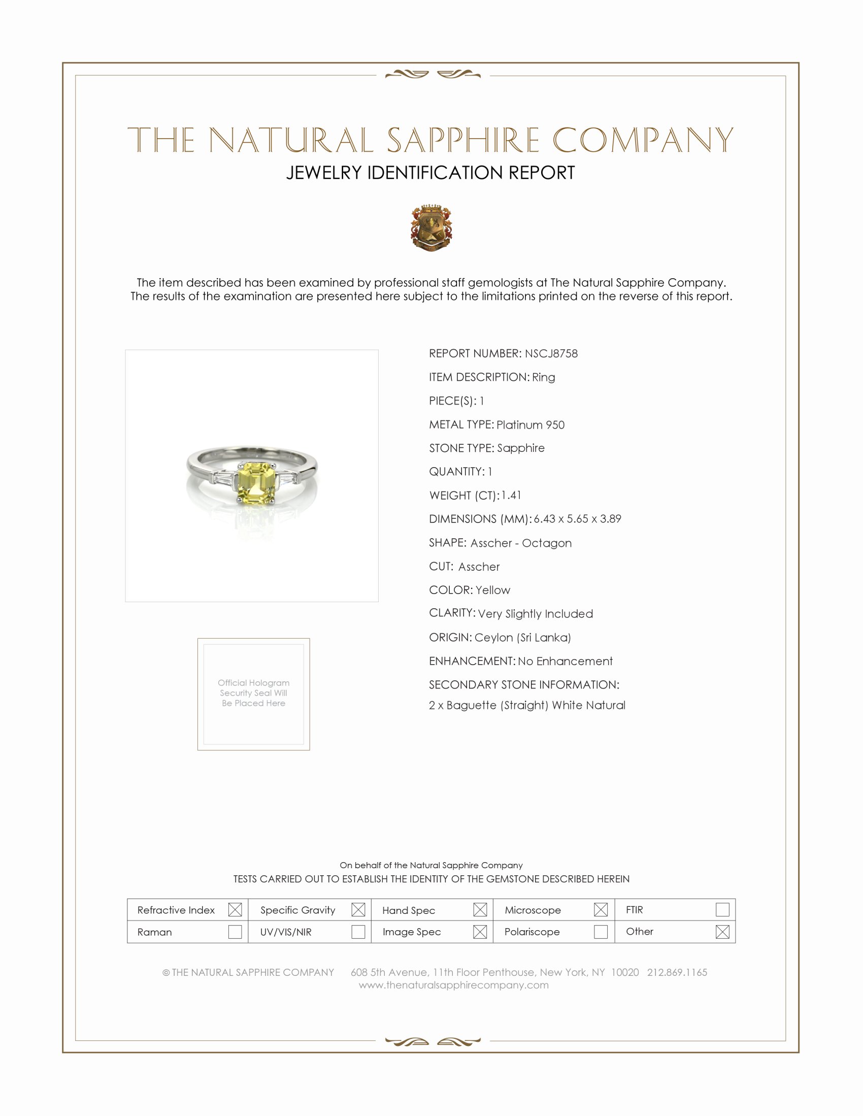 1.41 Ct. Yellow Sapphire and Natural Diamond Three Stone Ring, Platinum 950
