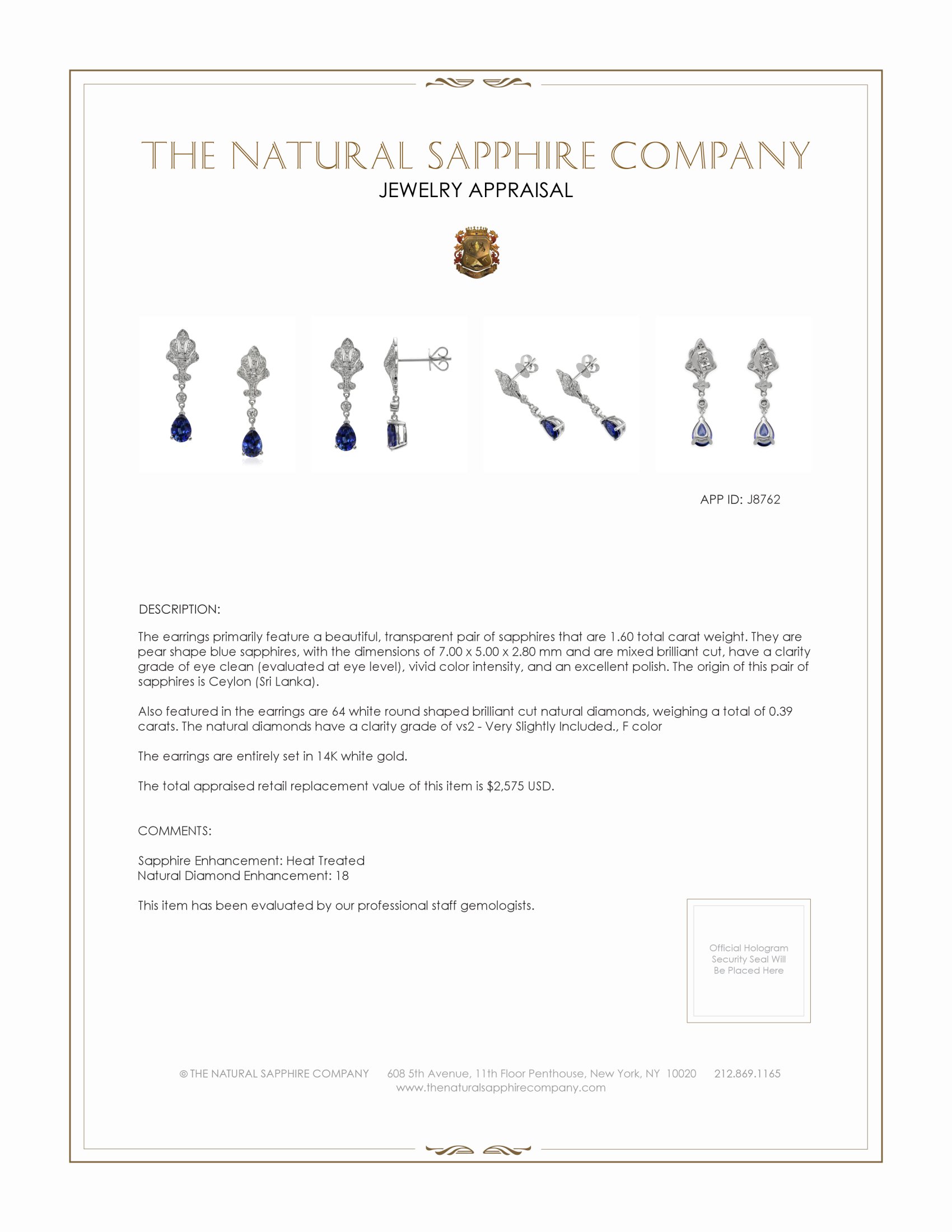 1.60 Ct.Tw. Blue Sapphire and Natural Diamond Drops Earrings, 14K White Gold