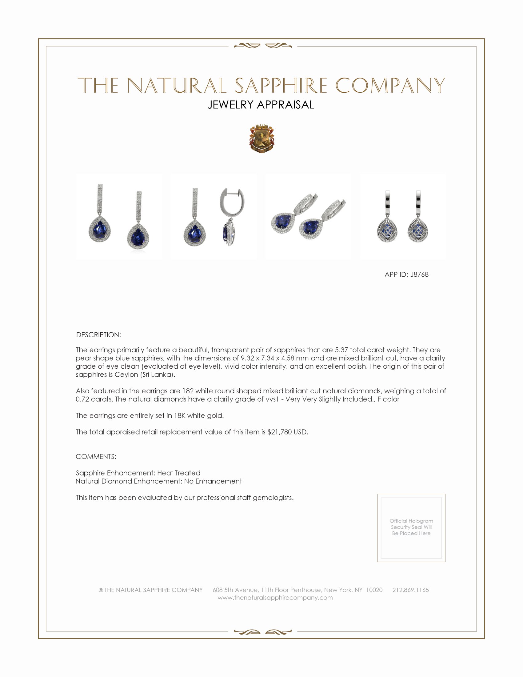 5.37 Ct.Tw. Blue Sapphire and Natural Diamond Pave Earrings, 18K White Gold