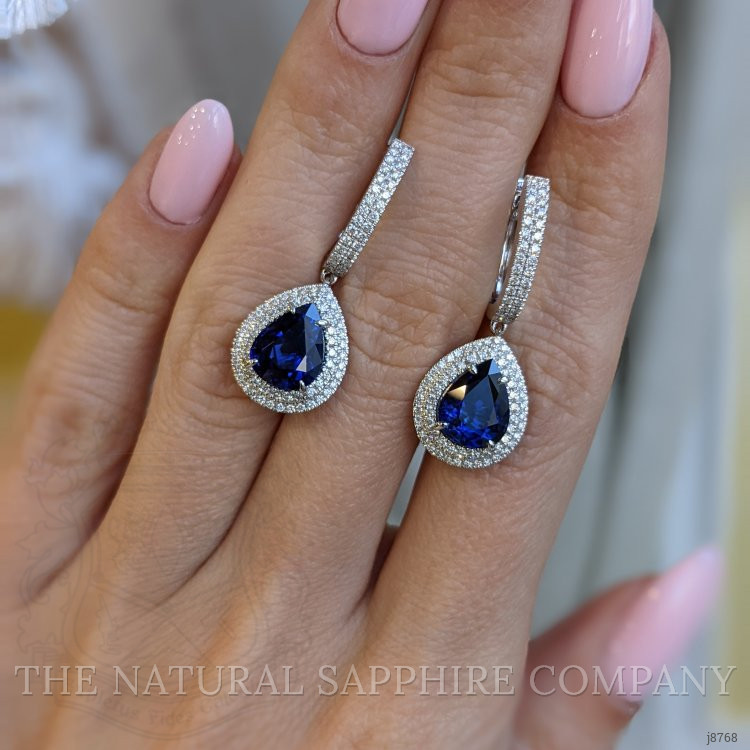5.37 Ct.Tw. Blue Sapphire and Natural Diamond Pave Earrings, 18K White Gold