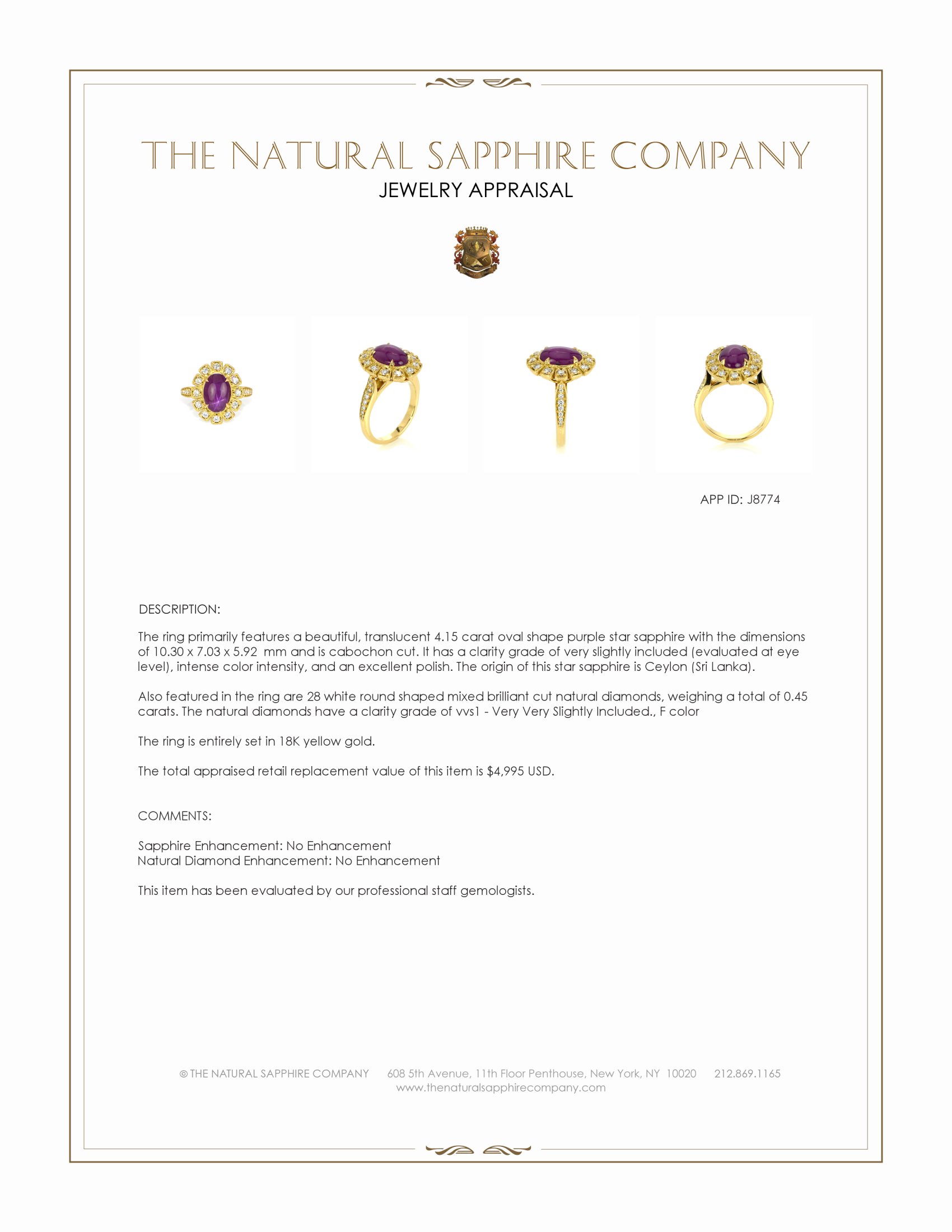 4.15 Ct. Purple Sapphire and Natural Diamond Halo Ring, 18K Yellow Gold