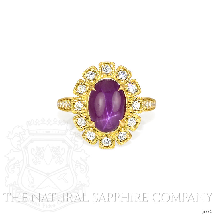 4.15 Ct. Purple Sapphire and Natural Diamond Halo Ring, 18K Yellow Gold