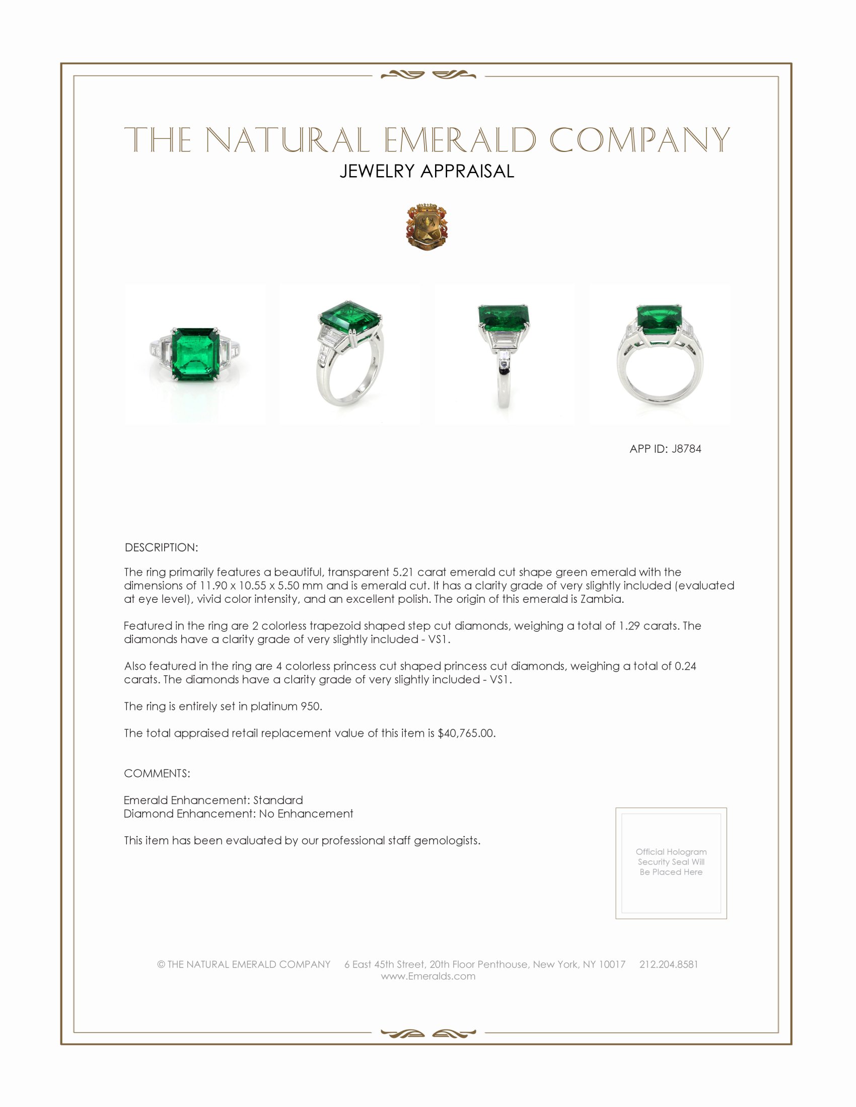 5.21 Ct. Emerald and Colorless Natural Diamond Ring, Platinum 950