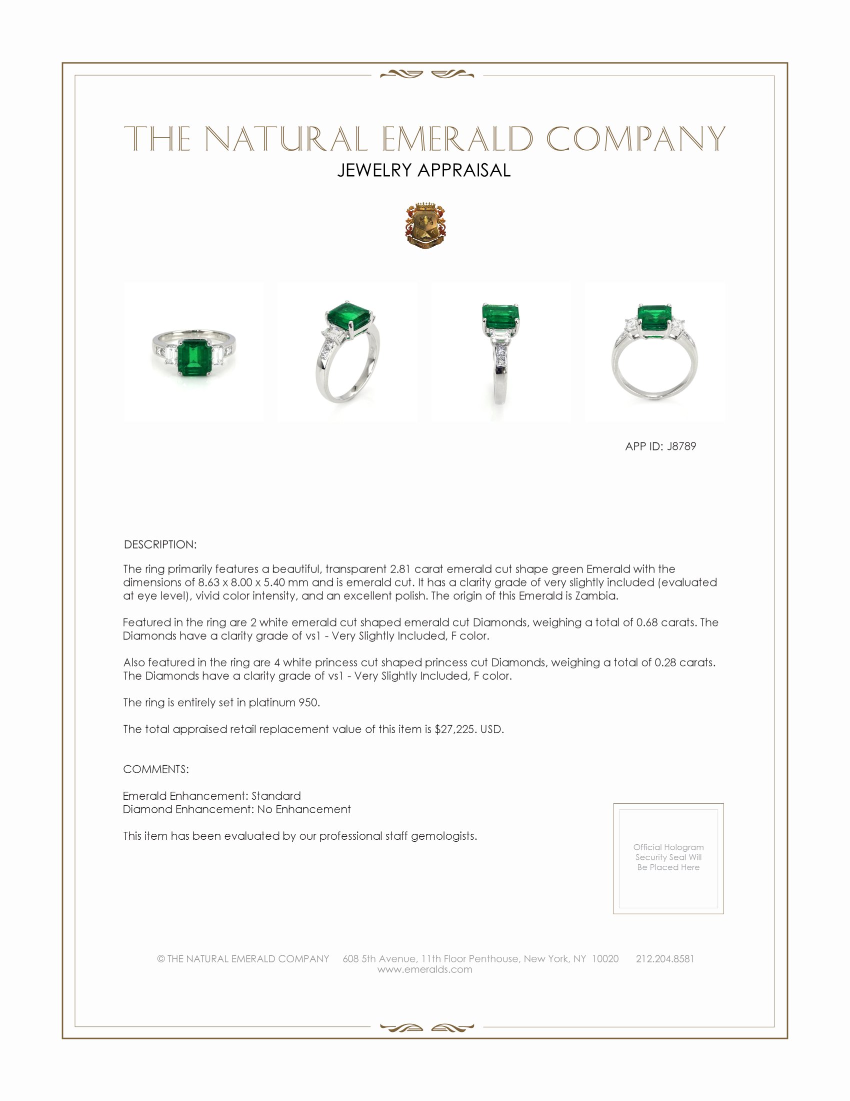 2.81 Ct. Emerald Natural Diamond Accent Stones Ring, Platinum 950