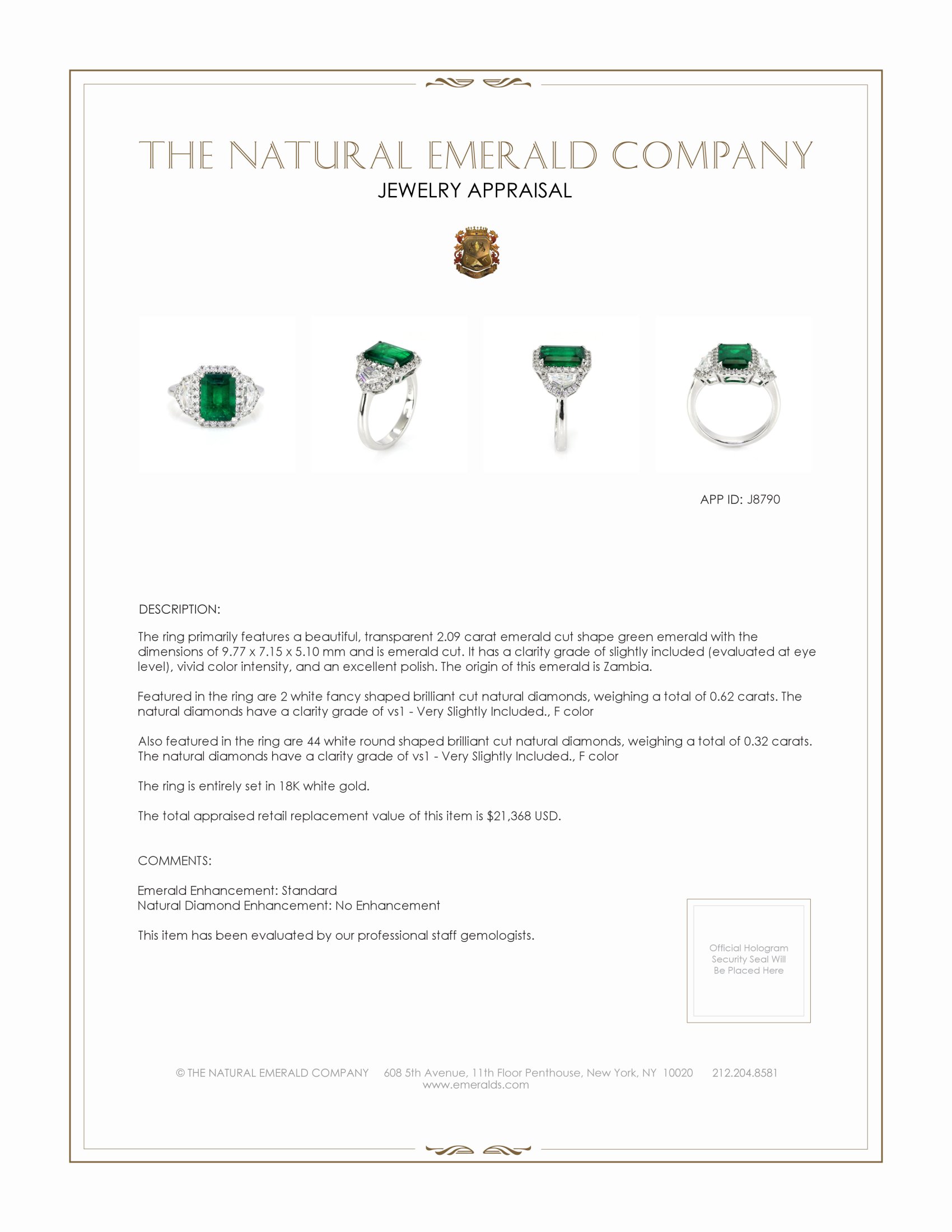 2.09 Ct. Emerald Natural Diamond Accent Stones Ring, 18K White Gold