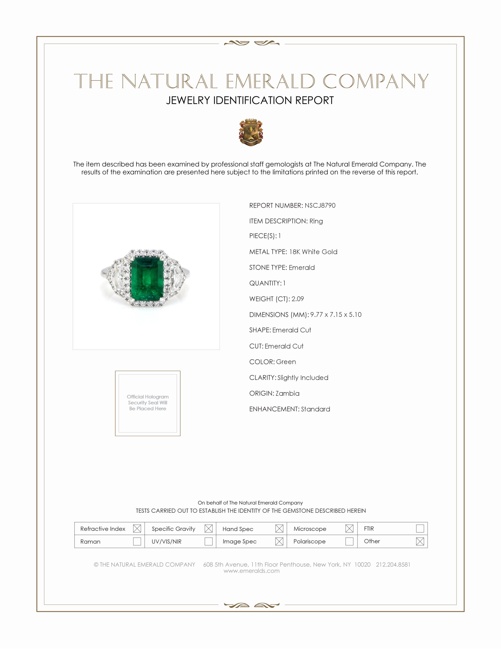 2.09 Ct. Emerald Diamond Side Stones Ring, 18K White Gold