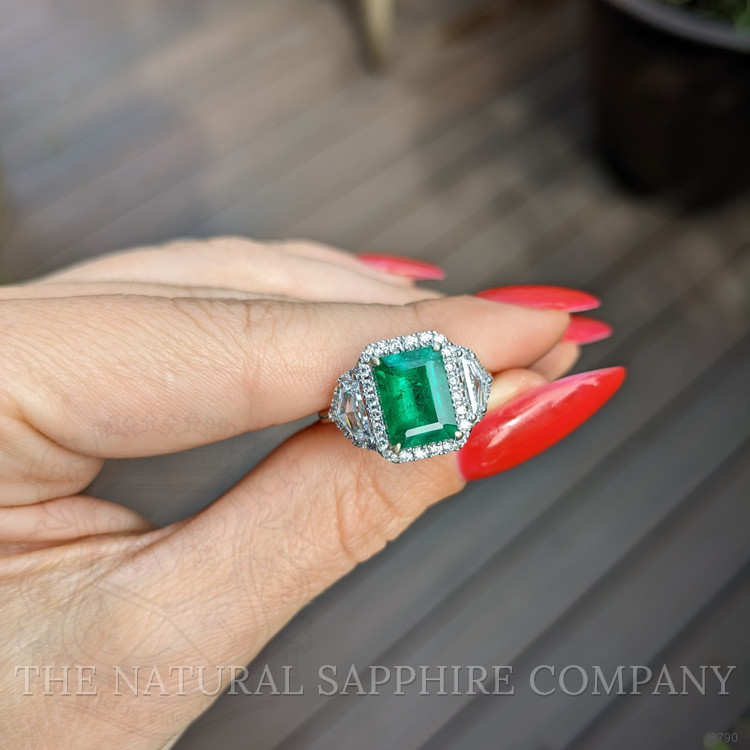 2.09 Ct. Emerald Natural Diamond Accent Stones Ring, 18K White Gold