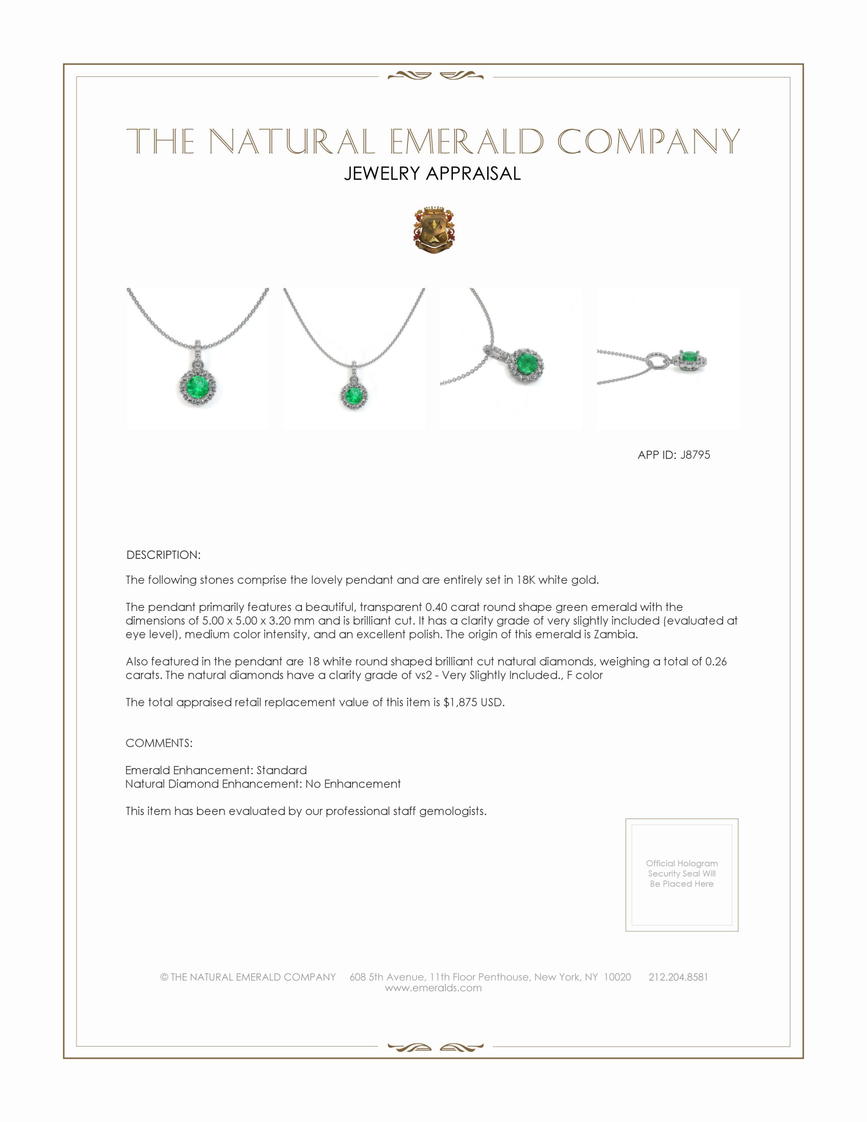 0.40 Ct. Emerald Natural Diamond Pave Pendant, 18K White Gold