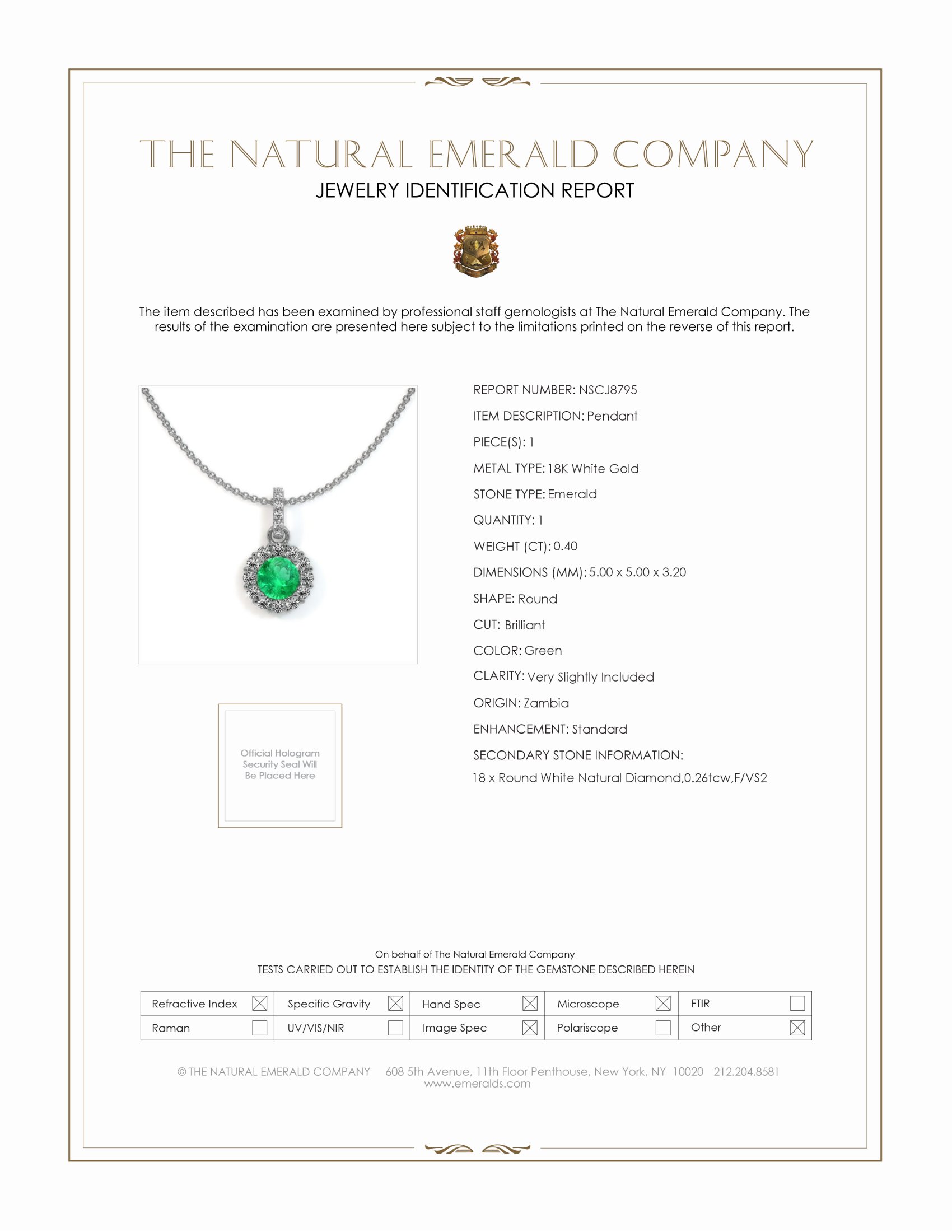 0.40 Ct. Emerald Natural Diamond Pave Pendant, 18K White Gold