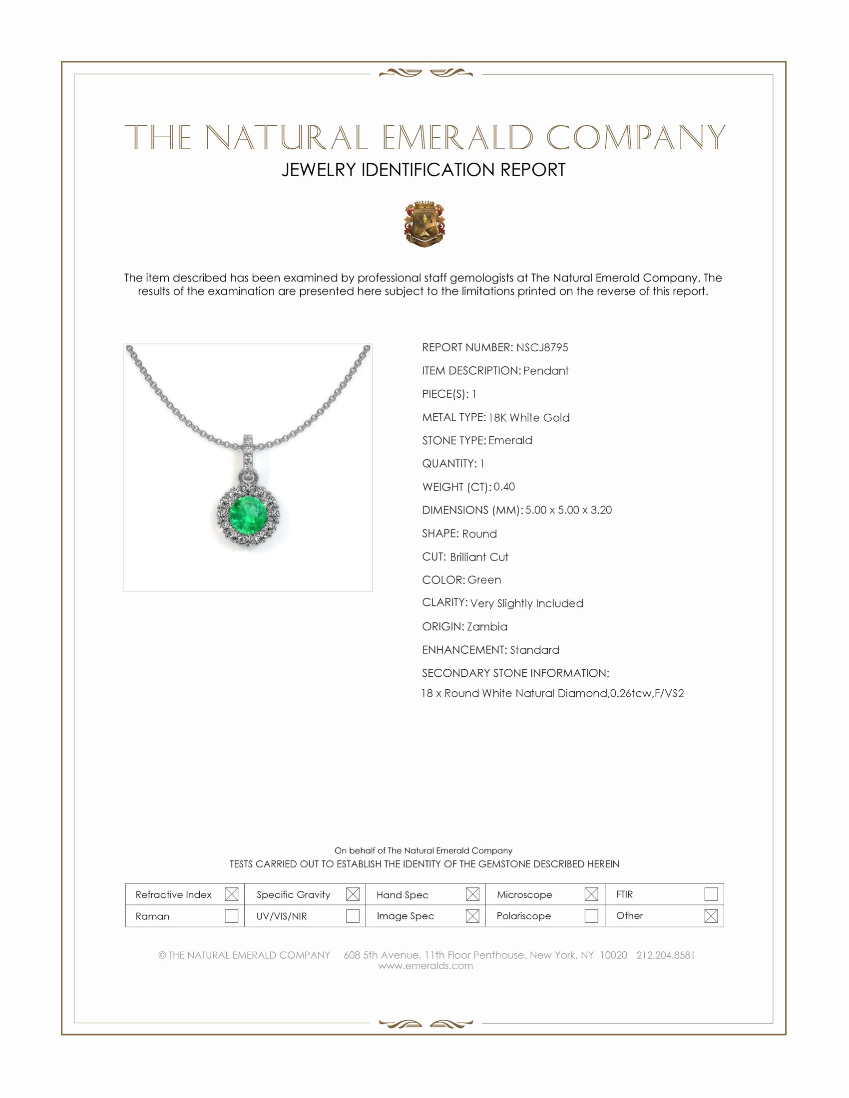 0.40 Ct. Emerald and Natural Diamond Pave Pendant, 18K White Gold