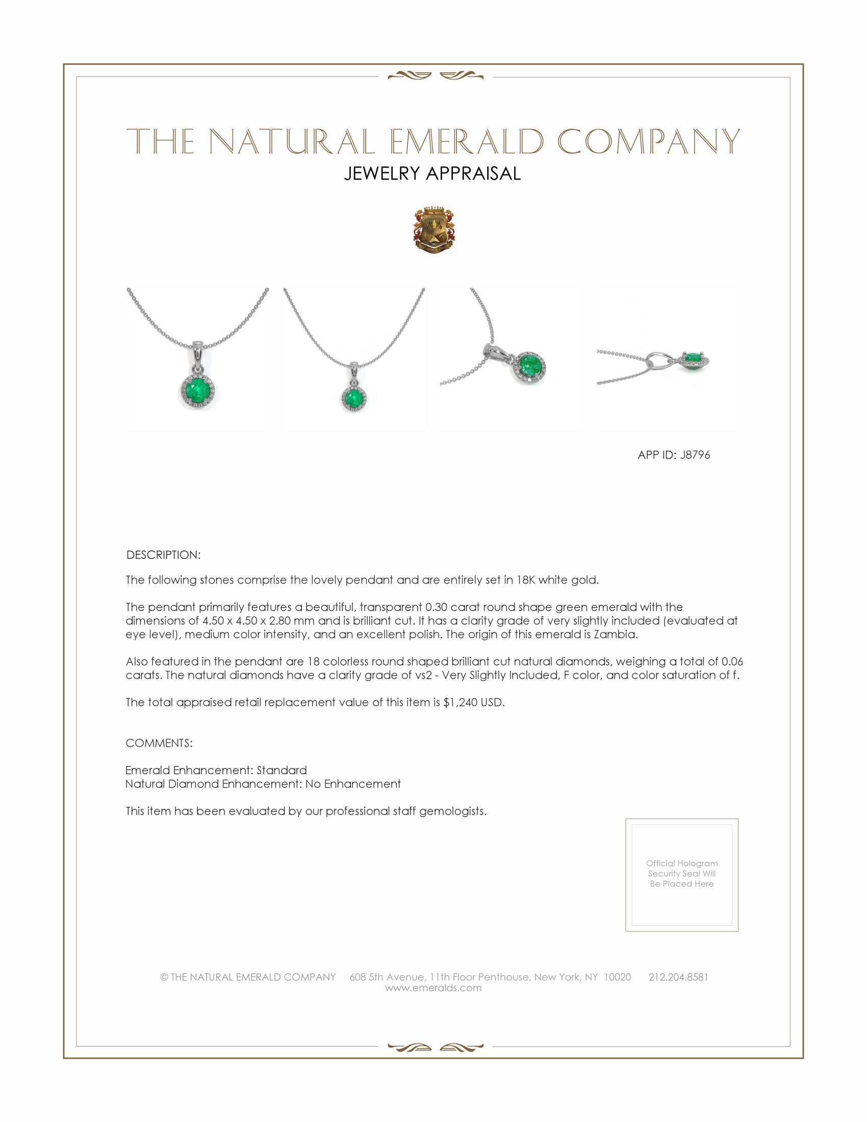 0.30 Ct. Emerald and Colorless Natural Diamond Pave Pendant, 18K White Gold