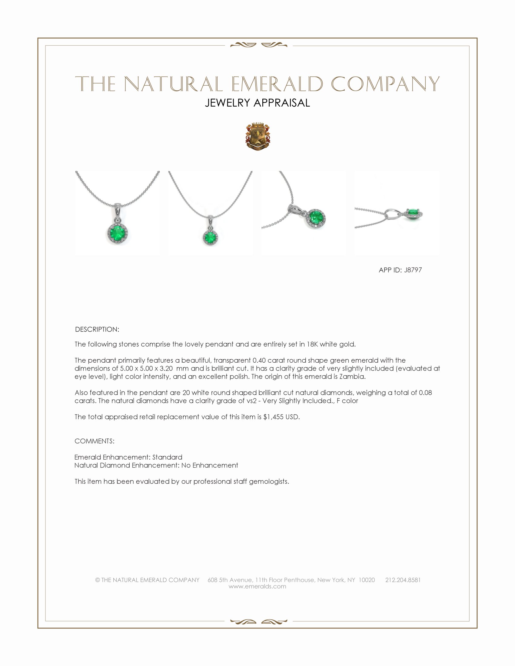 0.40 Ct. Emerald and Natural Diamond Pave Pendant, 18K White Gold