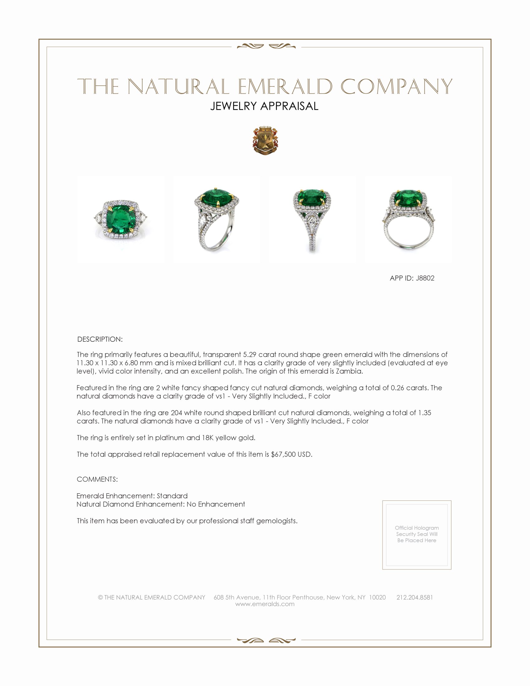 5.29 Ct. Emerald and Natural Diamond Antique Style Ring, Platinum & 18K Yellow