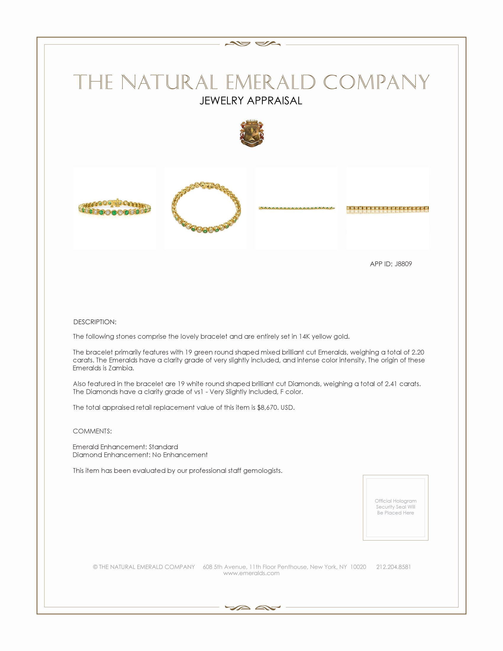 2.20 Ct.Tw. Emerald and Natural Diamond Accent Stones Bracelet, 14K Yellow Gold