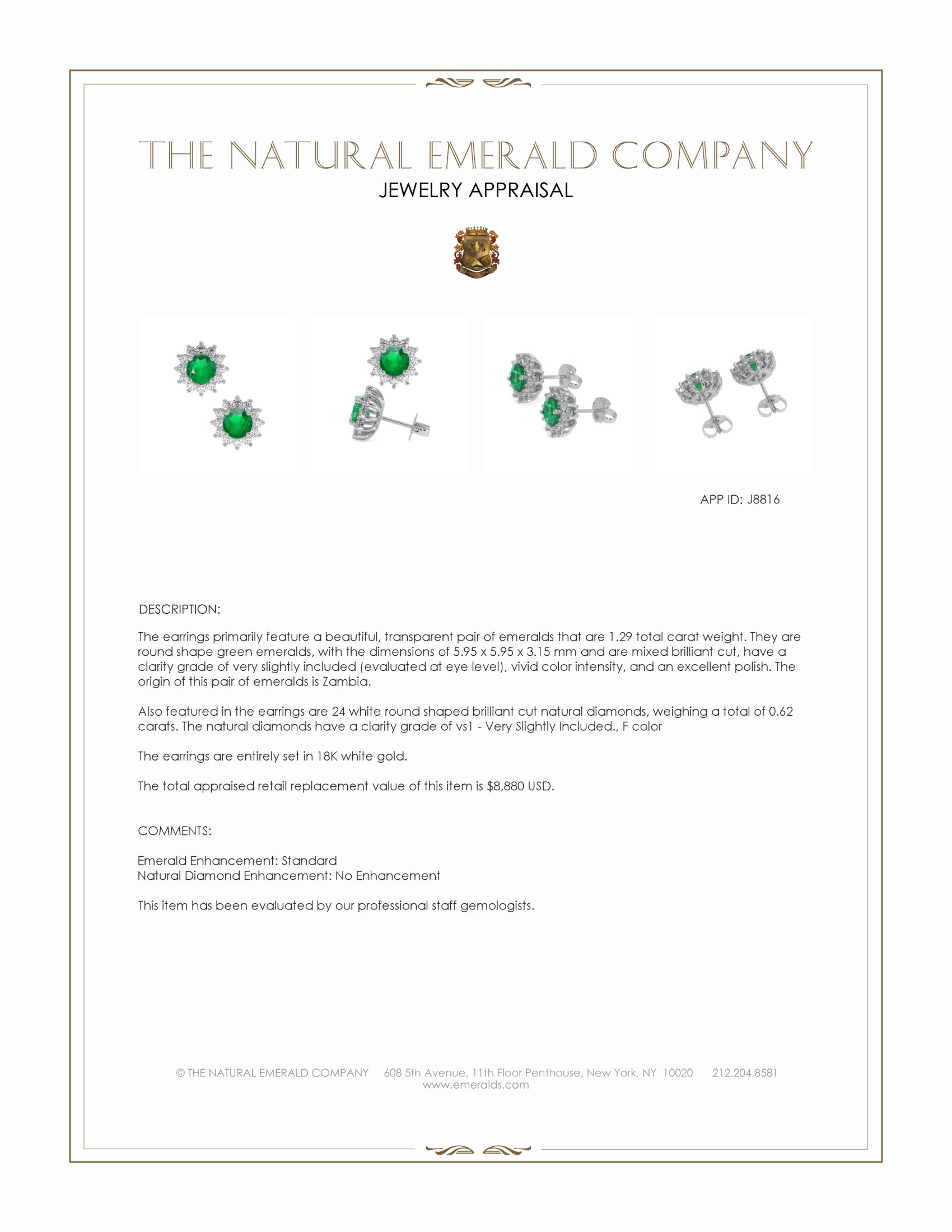 1.29 Ct.Tw. Emerald and Natural Diamond Studs Earrings, 18K White Gold