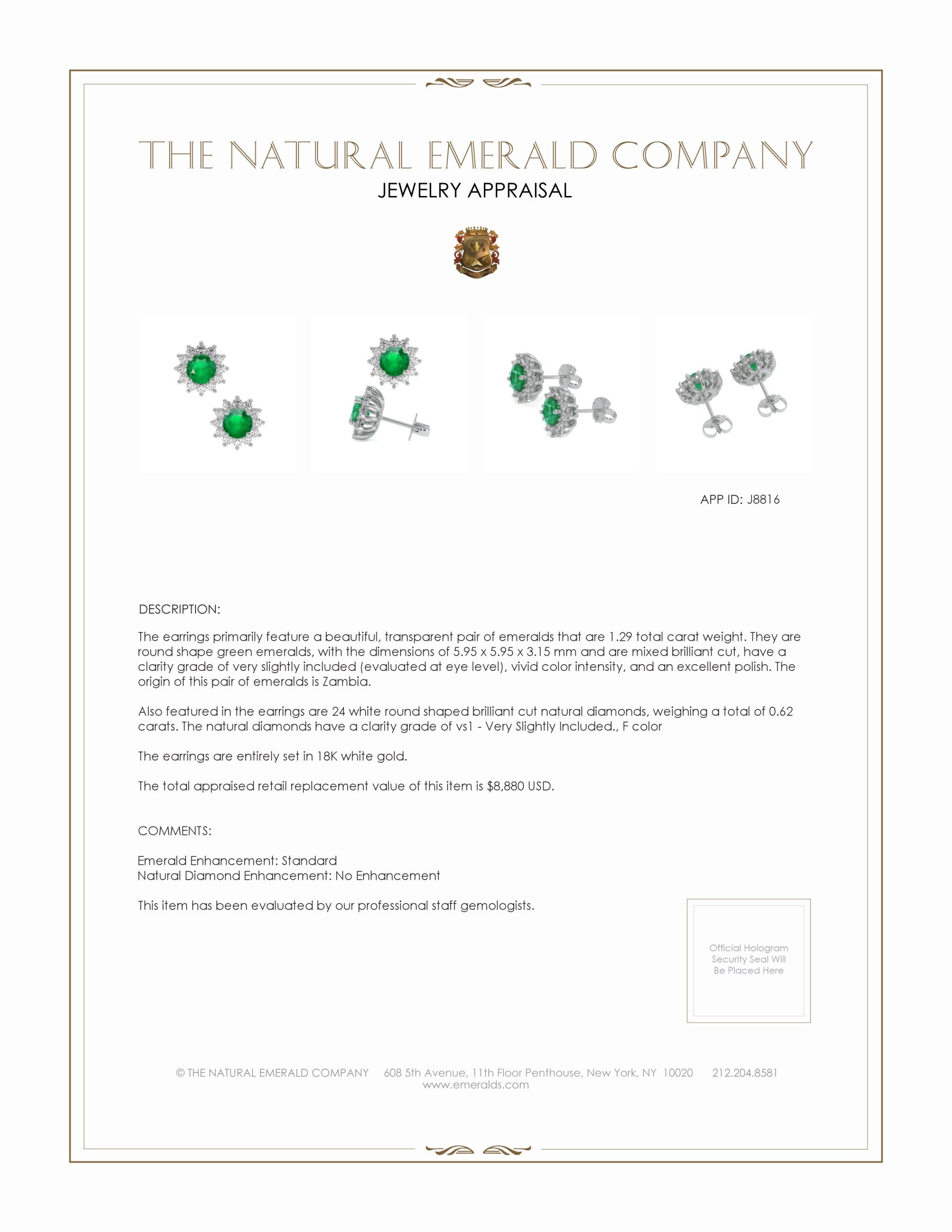 1.29 Ct.Tw. Emerald Natural Diamond Halo Earrings, 18K White Gold