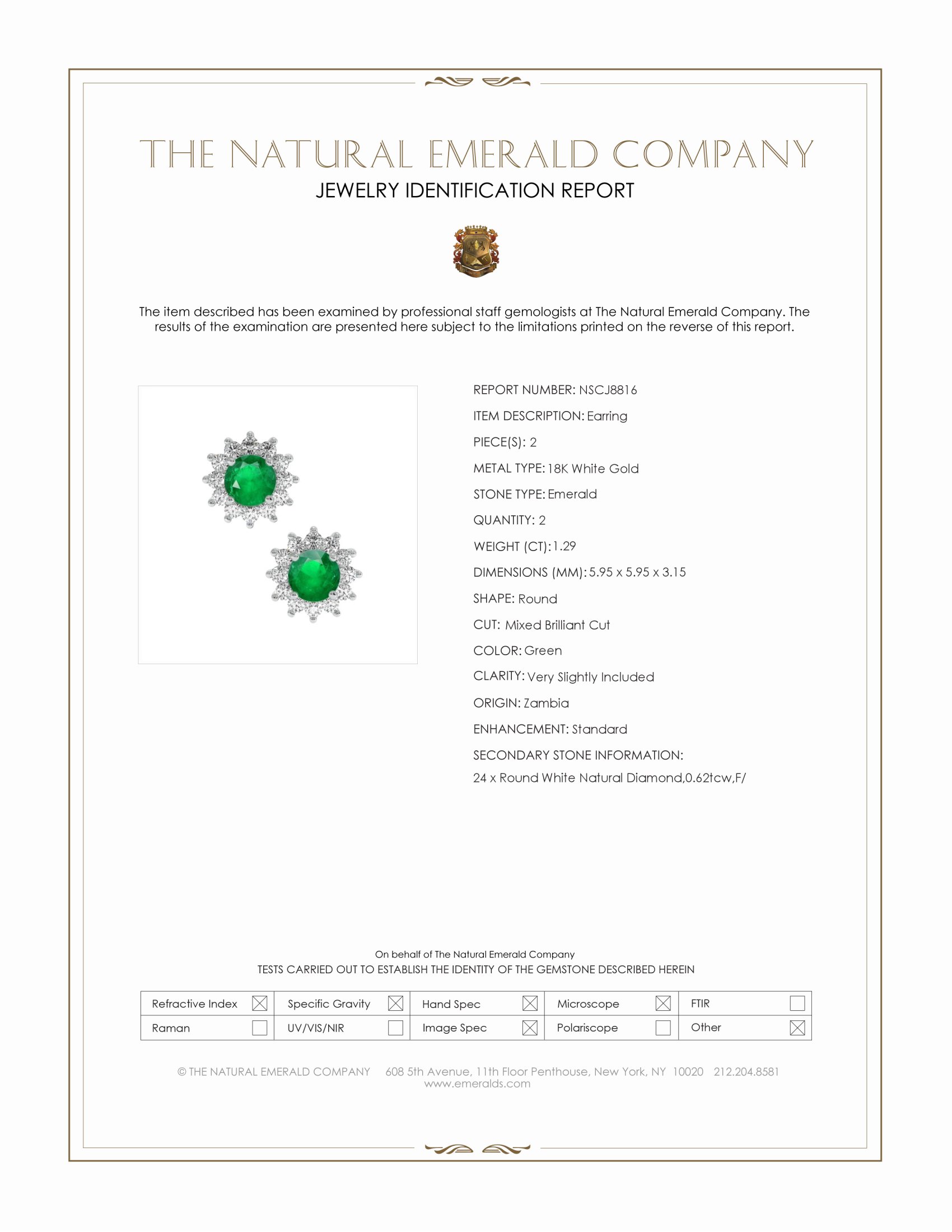 1.29 Ct.Tw. Emerald and Natural Diamond Studs Earrings, 18K White Gold