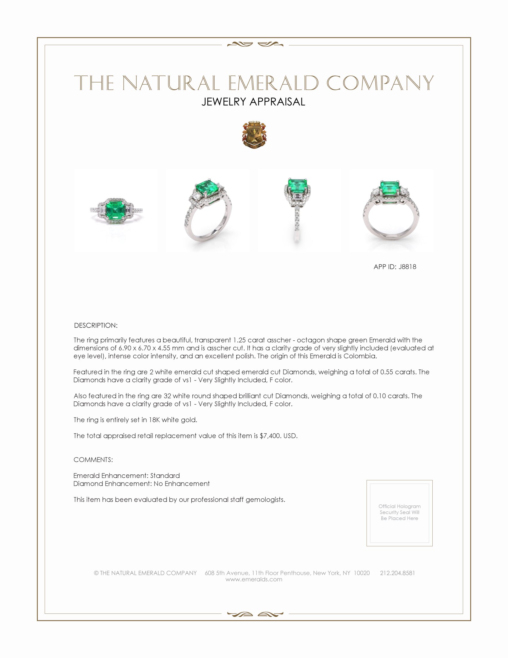 1.25 Ct. Emerald Natural Diamond Ring, 18K White Gold