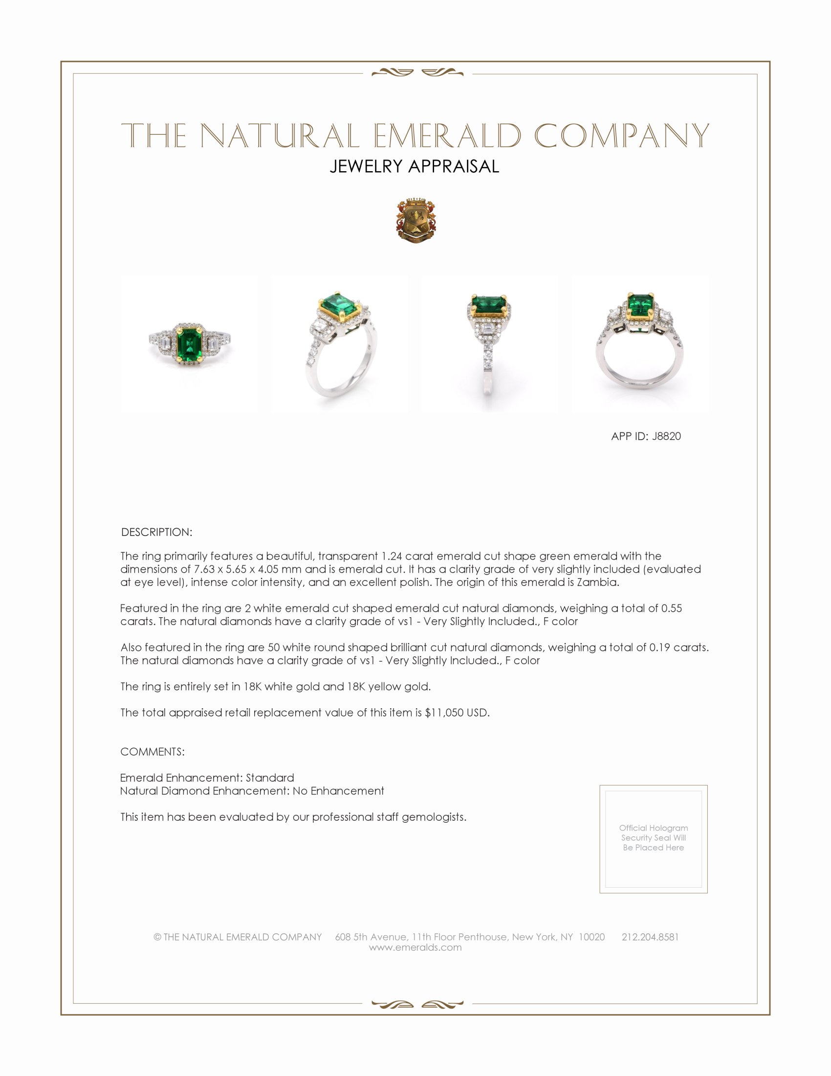 1.24 Ct. Emerald and Natural Diamond Three Stone Ring, 18K White & Yellow