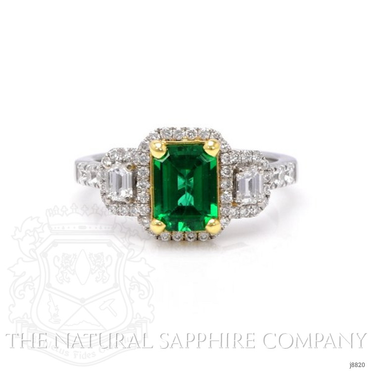 1.24 Ct. Emerald Natural Diamond Three Stone Ring, 18K White & Yellow