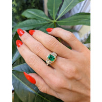 1.24 Ct. Emerald Natural Diamond Three Stone Ring, 18K White & Yellow Life Style