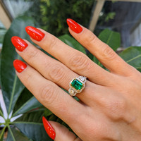 1.24 Ct. Emerald Natural Diamond Three Stone Ring, 18K White & Yellow Life Style