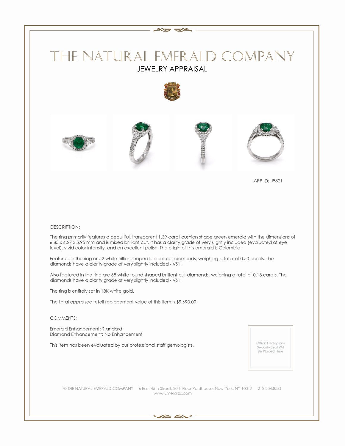 1.39 Ct. Emerald and Natural Diamond Ring, 18K White Gold