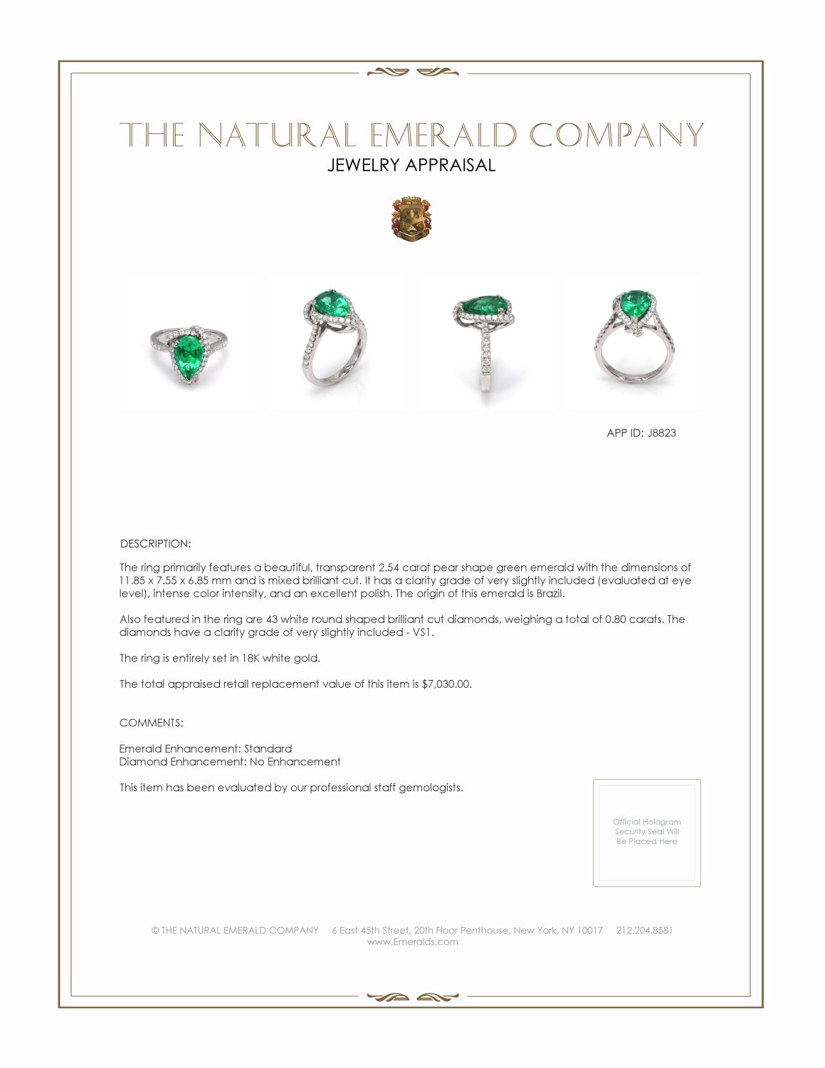 2.54 Ct. Emerald and Natural Diamond Ring, 18K White Gold
