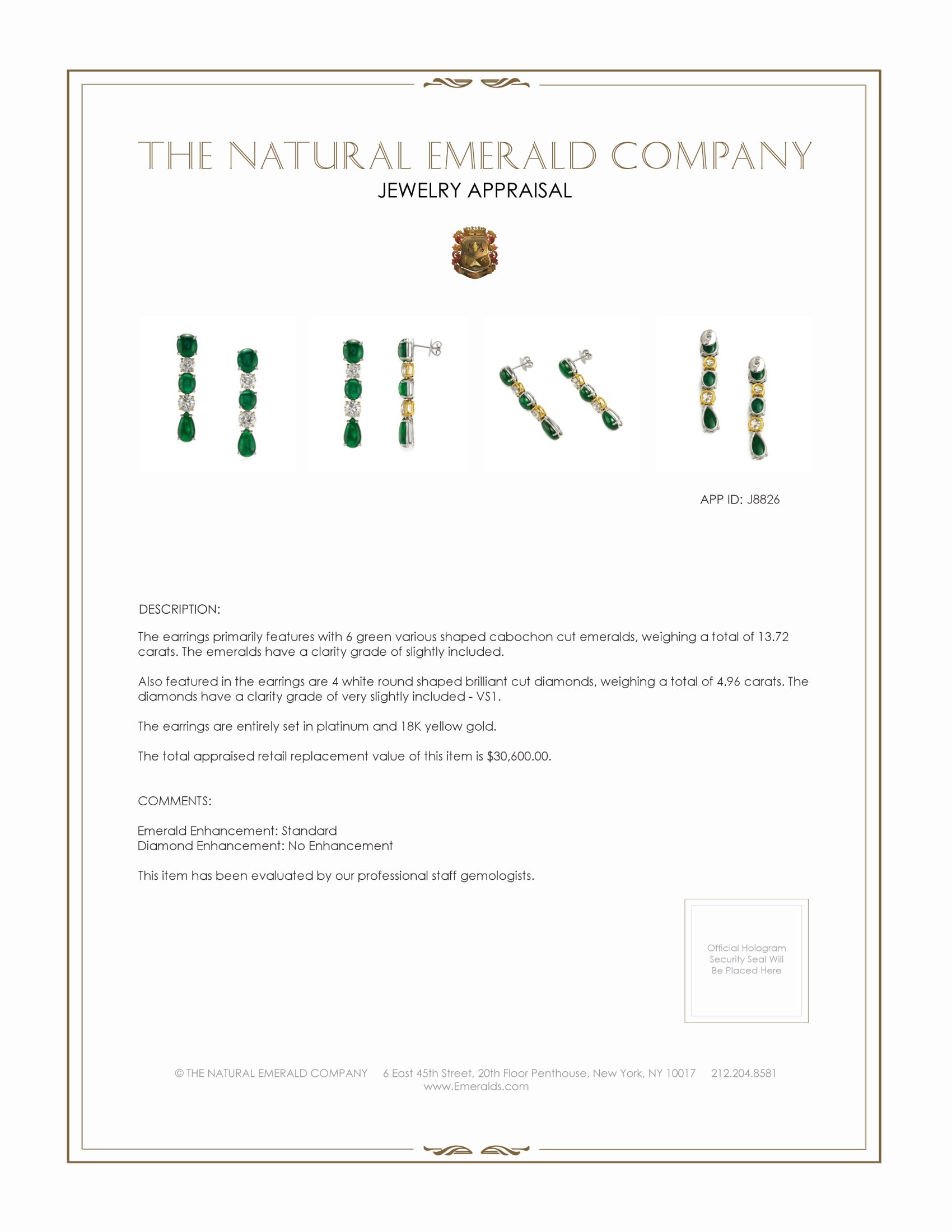 13.72 Ct.Tw. Emerald and Natural Diamond Earrings, Platinum & 18K Yellow