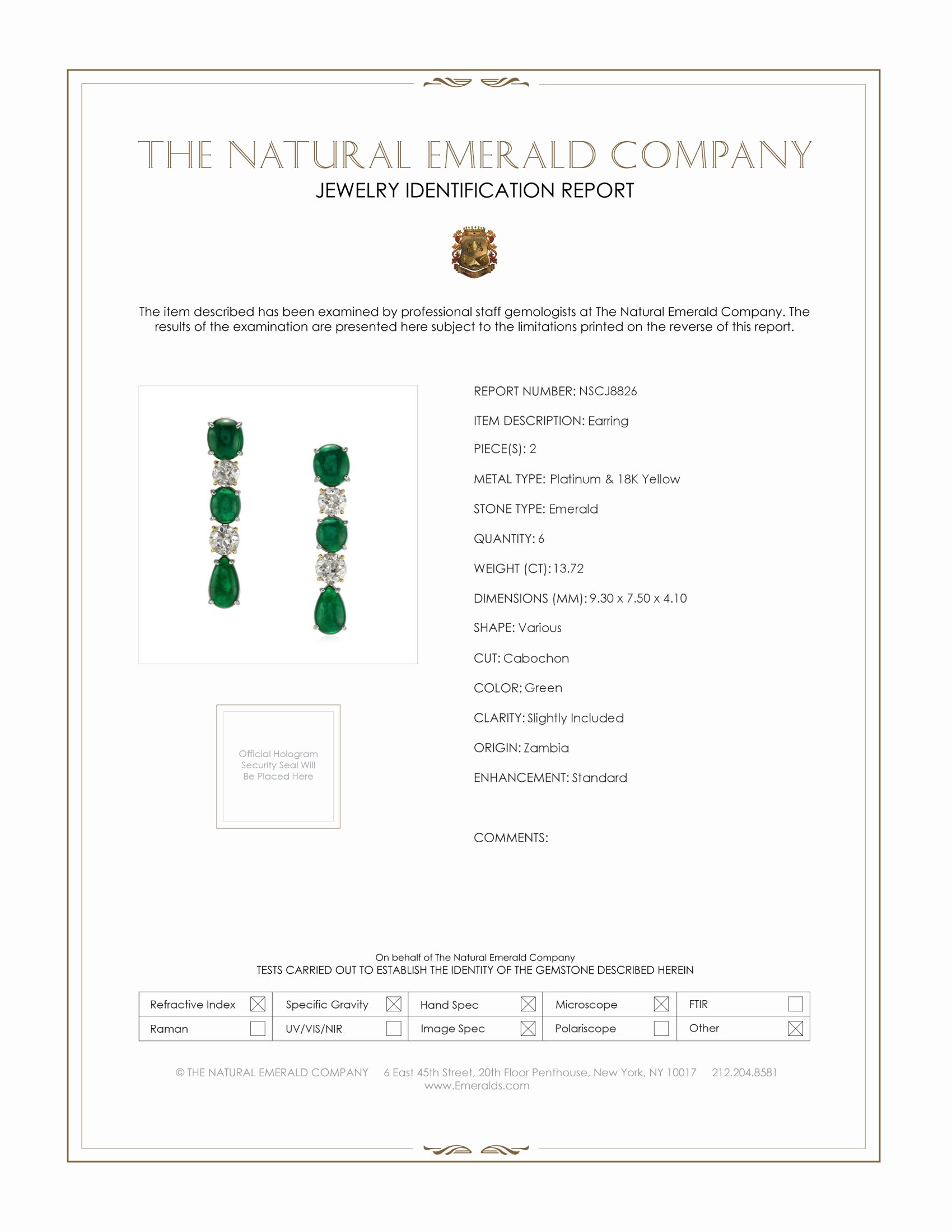 13.72 Ct.Tw. Emerald and Natural Diamond Earrings, Platinum & 18K Yellow