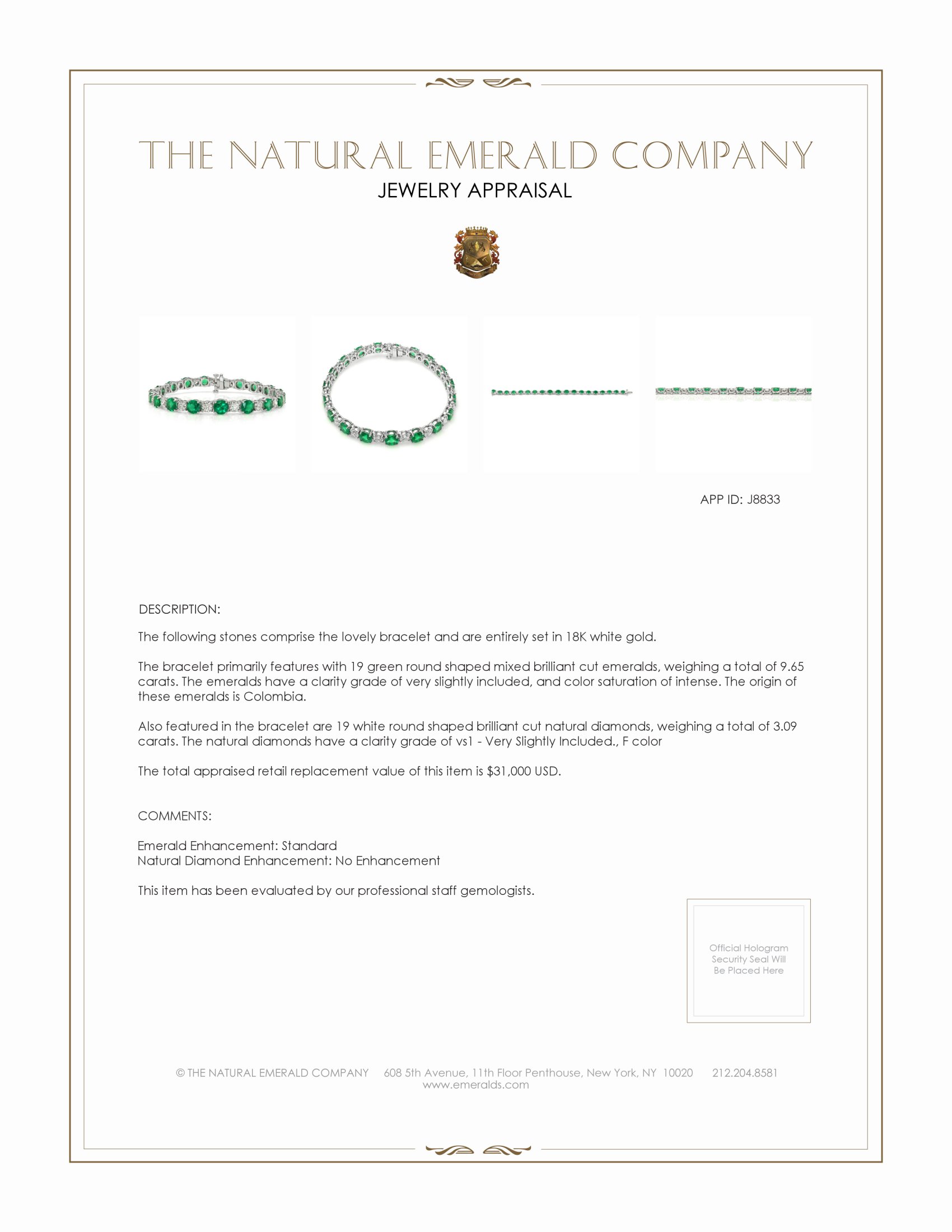 9.65 Ct.Tw. Emerald Natural Diamond Tennis/Line Bracelet, 18K White Gold