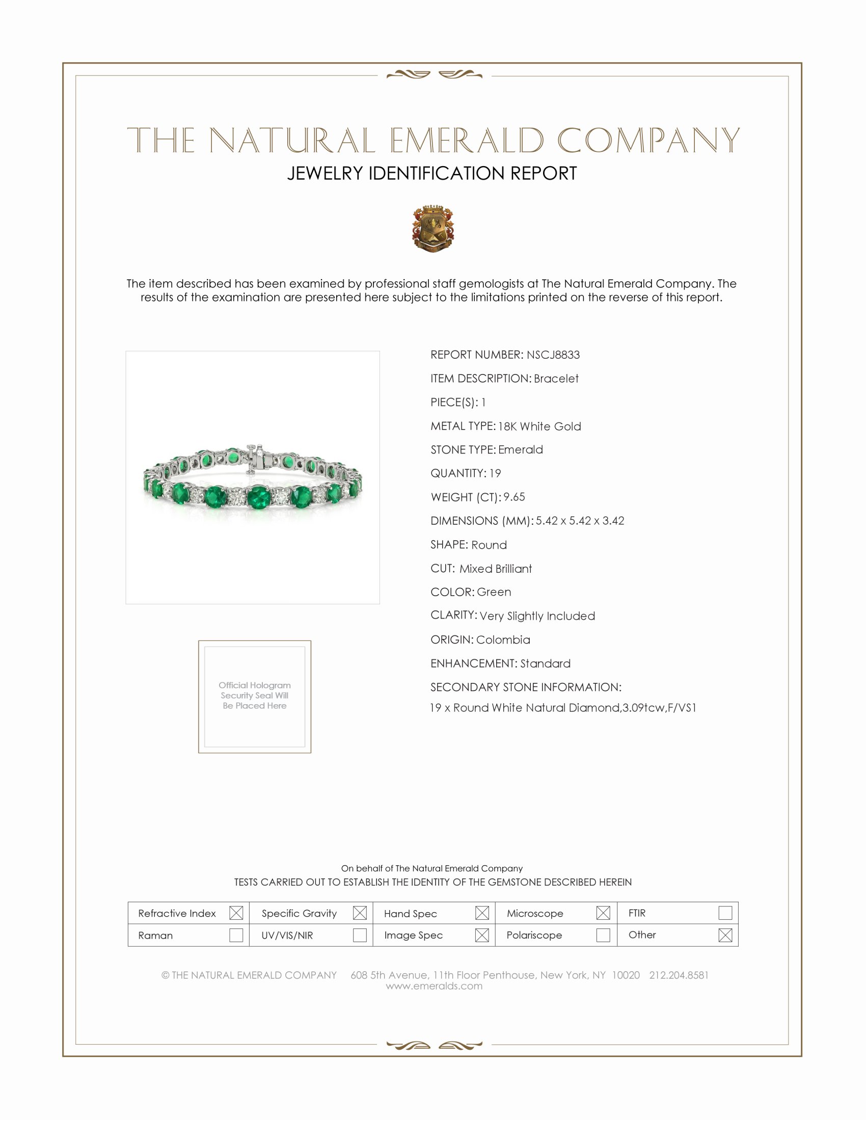 9.65 Ct.Tw. Emerald and Natural Diamond Tennis/Line Bracelet, 18K White Gold