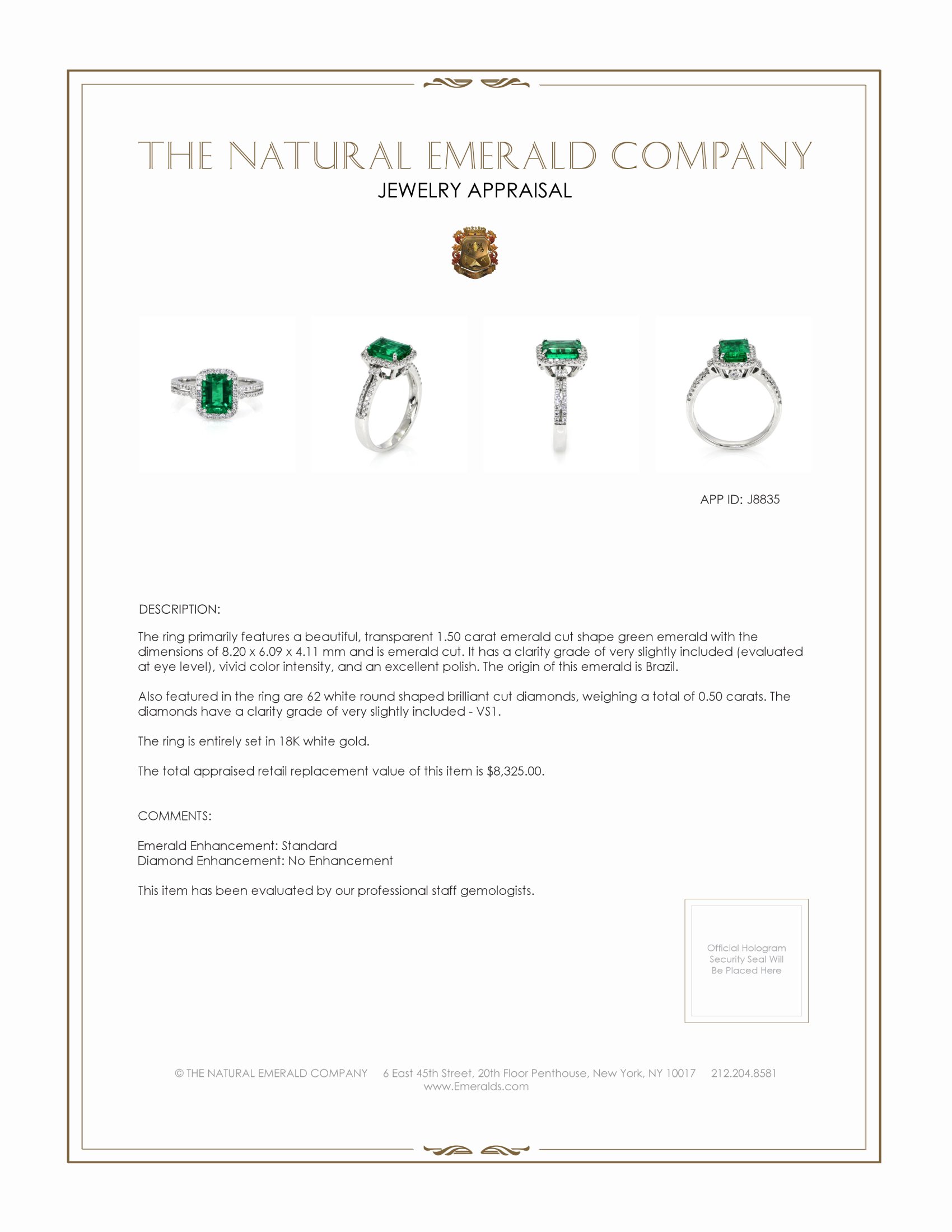 1.50 Ct. Emerald and Natural Diamond Pave Ring, 18K White Gold