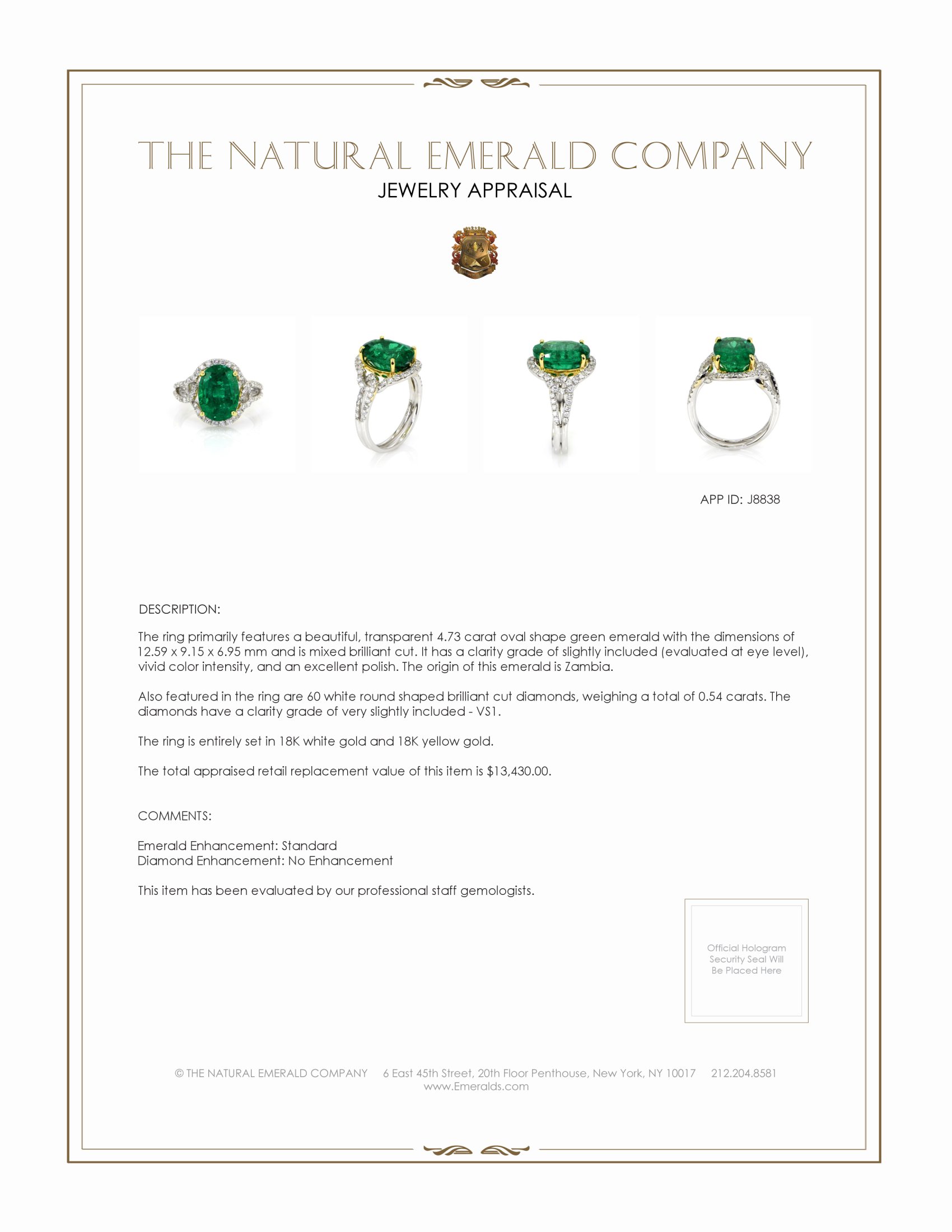4.73 Ct. Emerald and Natural Diamond Ring, 18K White & Yellow