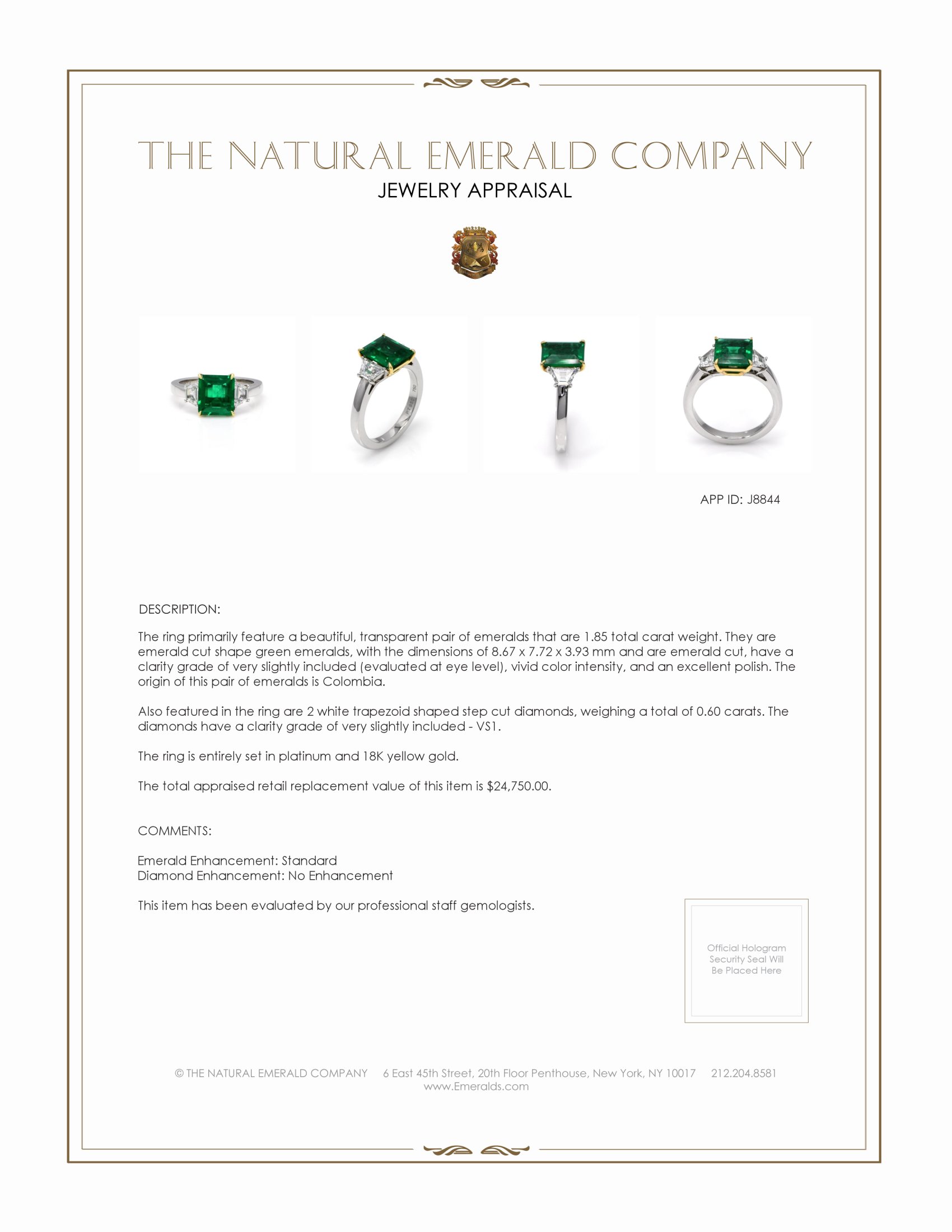 1.85 Ct. Emerald and Natural Diamond Three Stone Ring, Platinum & 18K Yellow