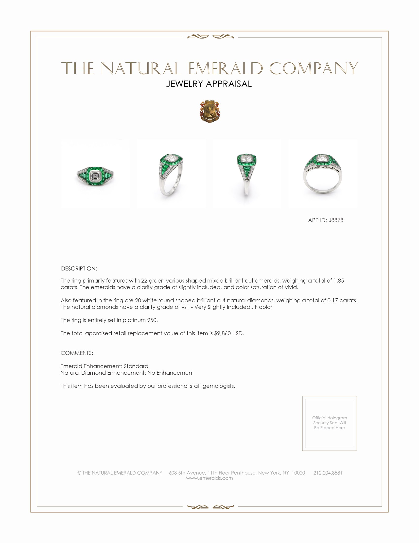 2.49 Ct.Tw. Emerald and Natural Diamond Antique Style Ring, Platinum 950