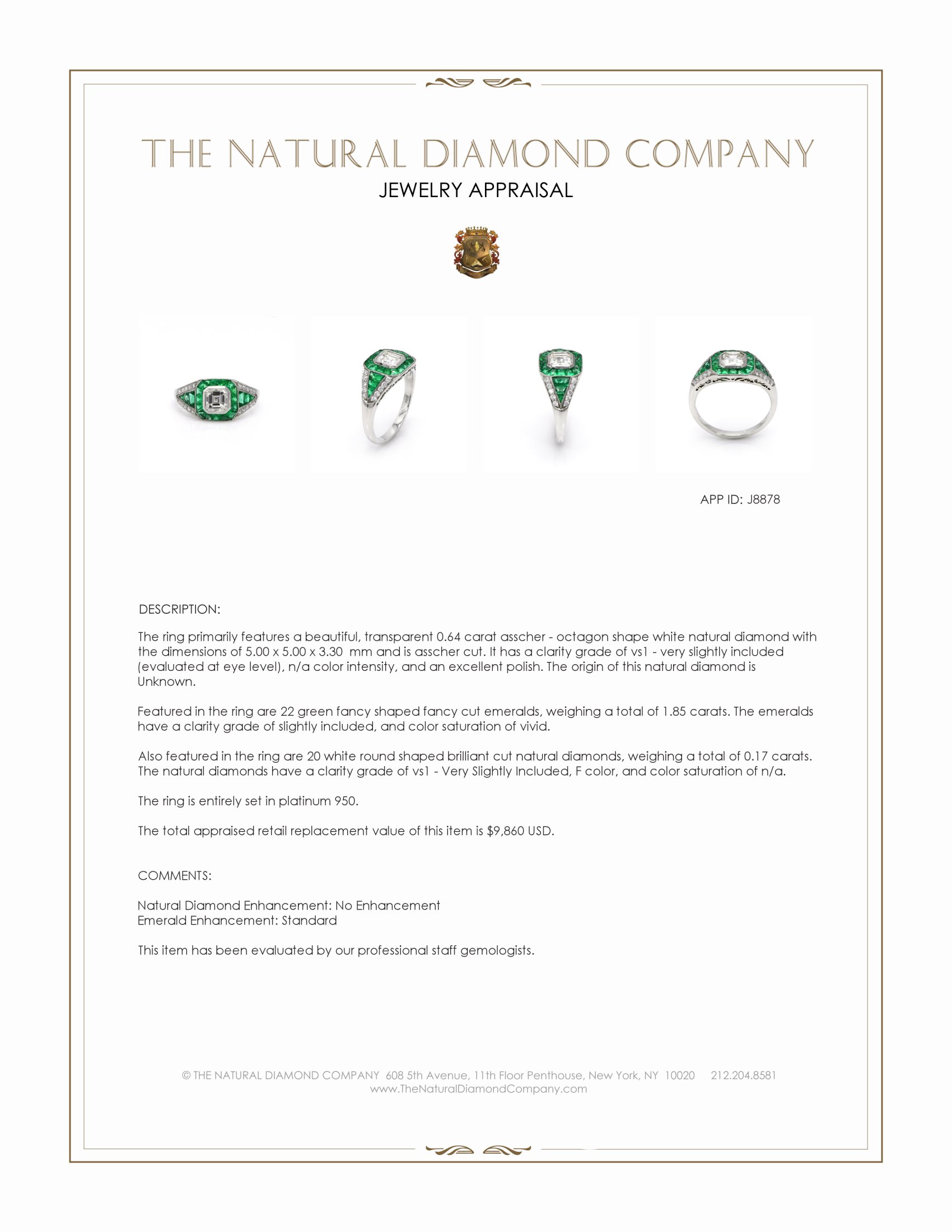 0.64 Ct. Natural Diamond and Emerald Antique Style Ring, Platinum 950