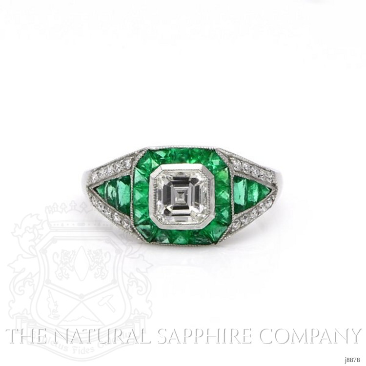 0.64 Ct. Natural Diamond and Emerald Antique Style Ring, Platinum 950