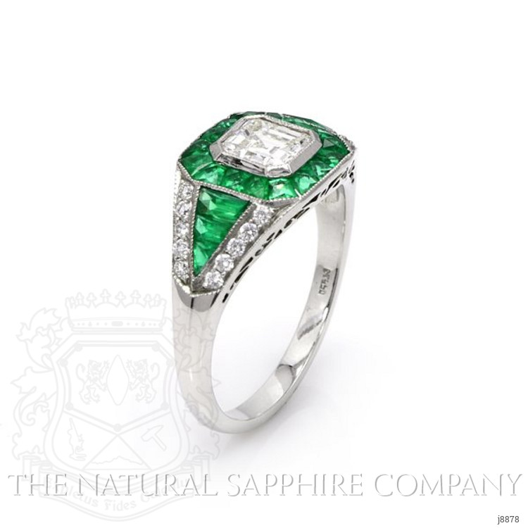 0.64 Ct. Natural Diamond and Emerald Antique Style Ring, Platinum 950