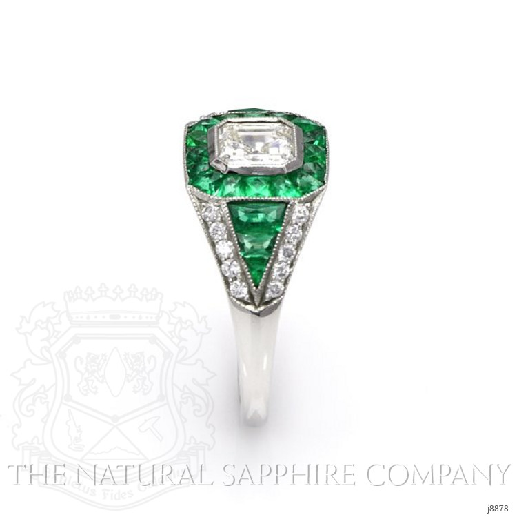 0.64 Ct. Natural Diamond and Emerald Antique Style Ring, Platinum 950